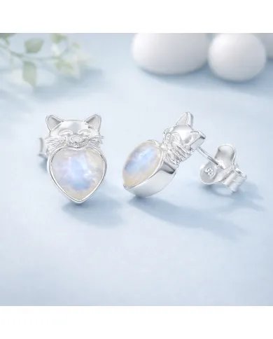 Rainbow Moonstone Heart Studs – 925 Sterling Silver Cute Kitty Jewelry