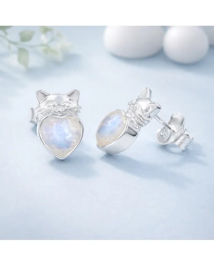 Rainbow Moonstone Heart Studs – 925 Sterling Silver Cute Kitty Jewelry