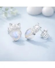 Rainbow Moonstone Heart Studs – 925 Sterling Silver Cute Kitty Jewelry