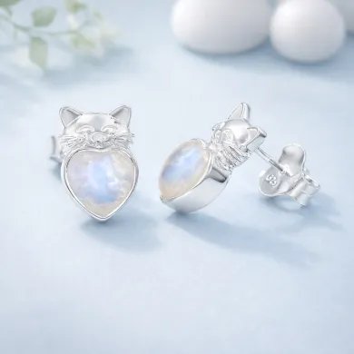 Rainbow Moonstone Heart Studs – 925 Sterling Silver Cute Kitty Jewelry