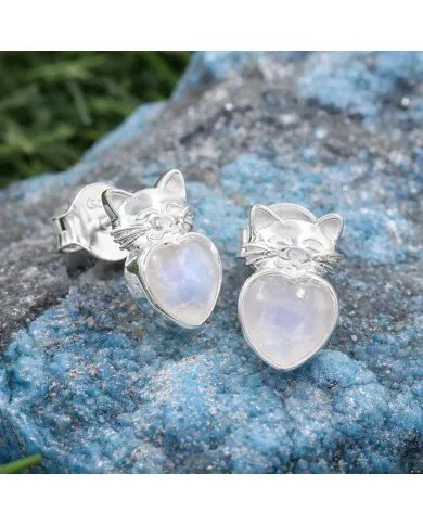 Rainbow Moonstone Heart Studs – 925 Sterling Silver Cute Kitty Jewelry