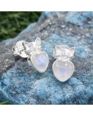 Rainbow Moonstone Heart Studs – 925 Sterling Silver Cute Kitty Jewelry