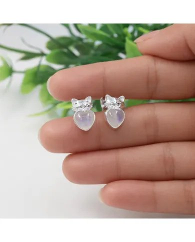 Rainbow Moonstone Heart Studs – 925 Sterling Silver Cute Kitty Jewelry