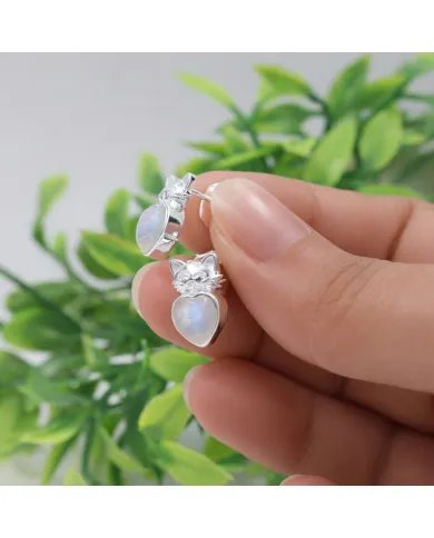 Rainbow Moonstone Heart Studs – 925 Sterling Silver Cute Kitty Jewelry