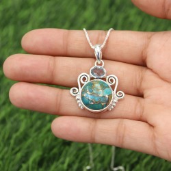 Blue Copper Turquoise Necklaces, Silver Pendant, Unique Design Pendant, Round Gemstone Pendant, Sky Blue Topaz Necklaces for Her