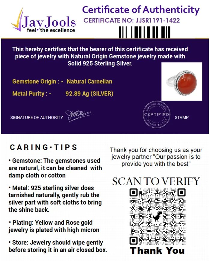 Natural Carnelian Ring in 925 Silver – Handmade Round Cabochon Jewelry