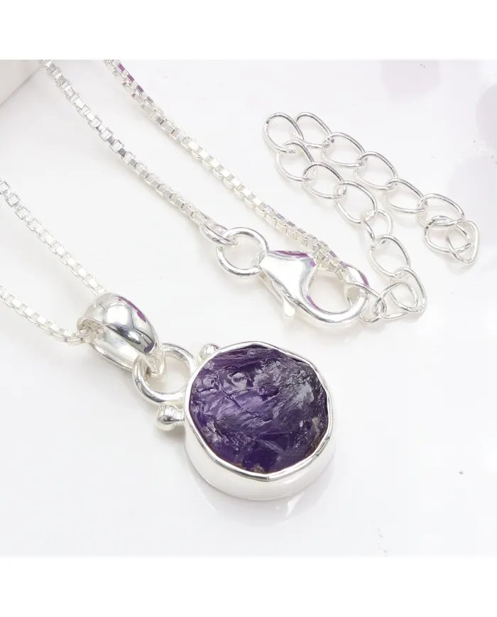 Raw Amethyst Pendant - 925 Sterling Silver Handmade Versatile Jewelry