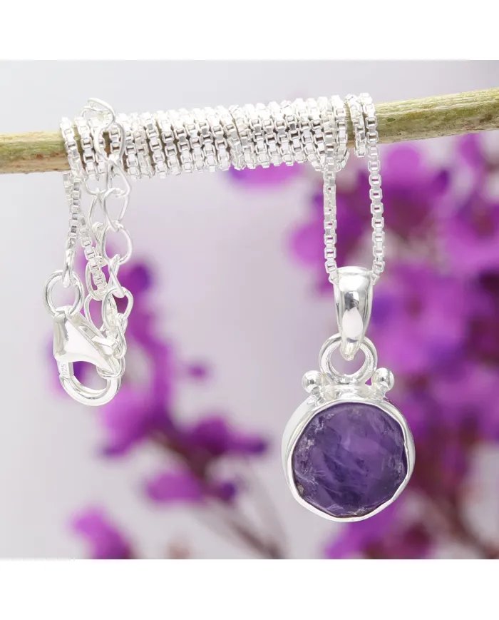 Raw Amethyst Pendant - 925 Sterling Silver Handmade Versatile Jewelry