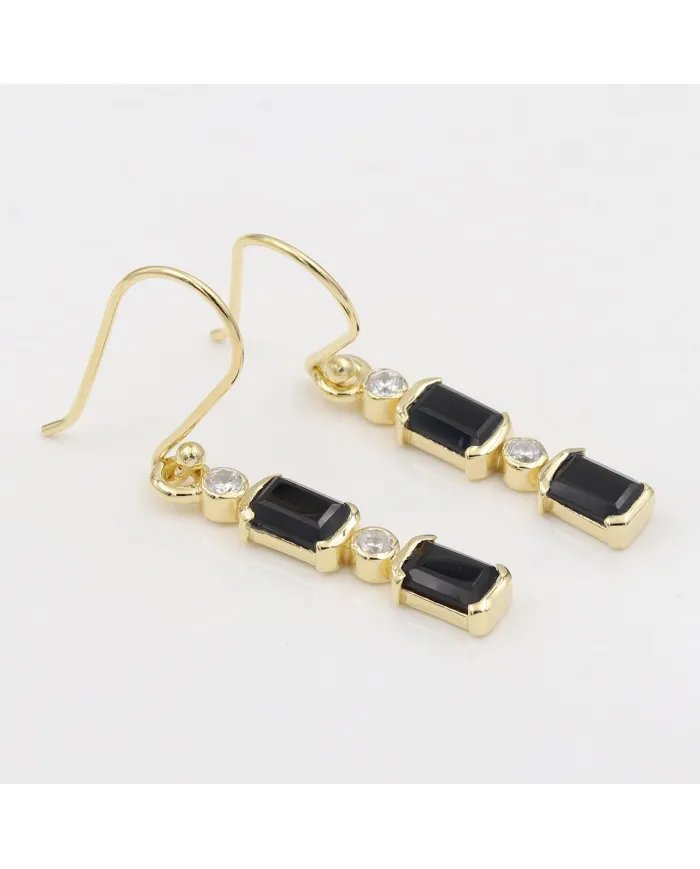 Black Onyx & Swarovski Crystal Earrings - Gold Plated 925 Silver Jewelry