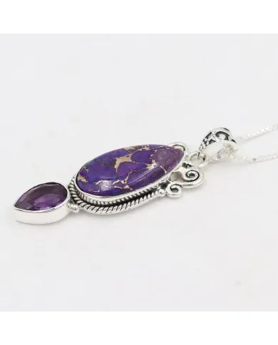 Turquoise & Amethyst Pendant - 925 Sterling Silver Gemstone Jewelry