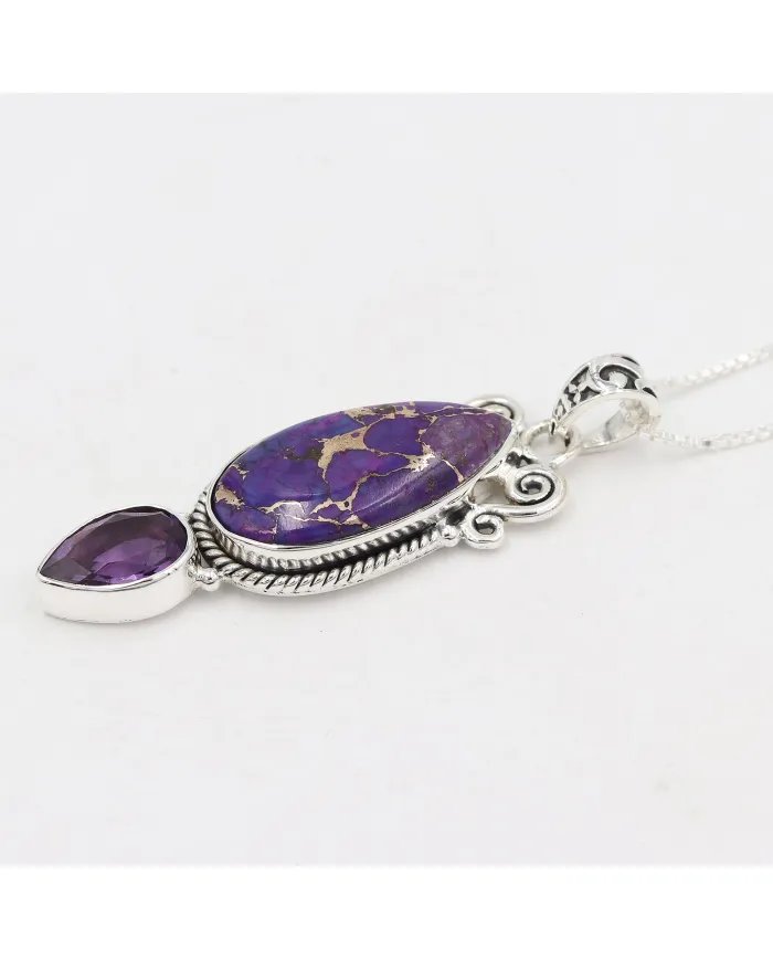 Turquoise & Amethyst Pendant - 925 Sterling Silver Gemstone Jewelry