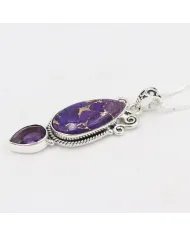 Turquoise & Amethyst Pendant - 925 Sterling Silver Gemstone Jewelry