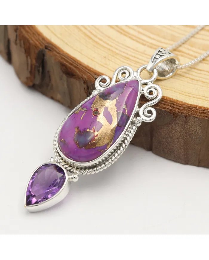 Turquoise & Amethyst Pendant - 925 Sterling Silver Gemstone Jewelry