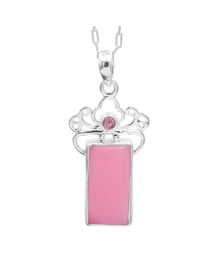 Pink Opal & Tourmaline Pendant - 925 Sterling Silver Baguette Style