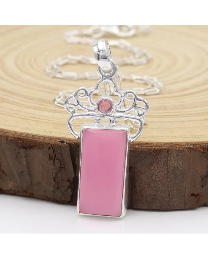 Pink Opal & Tourmaline Pendant - 925 Sterling Silver Baguette Style