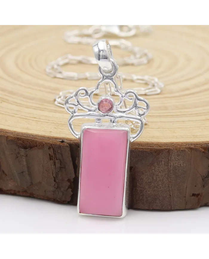 Pink Opal & Tourmaline Pendant Necklace - 925 Sterling Silver Jewelry