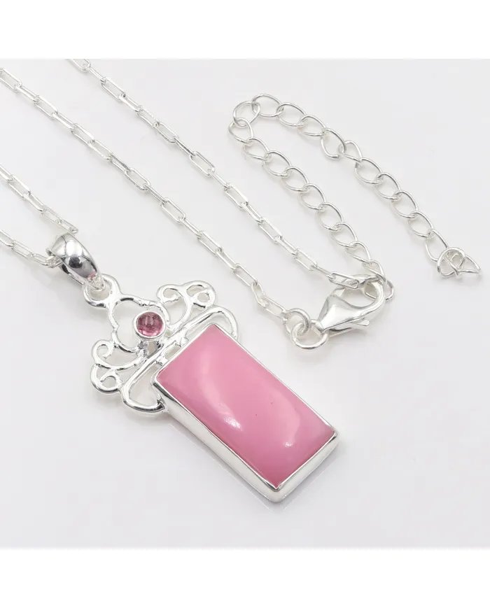 Pink Opal & Tourmaline Pendant - 925 Sterling Silver Baguette Style