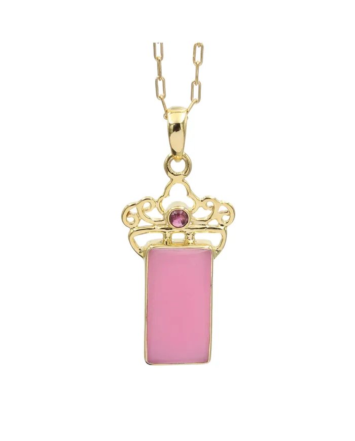 Pink Opal & Tourmaline Pendant - Gold Plated 925 Silver Baguette Style