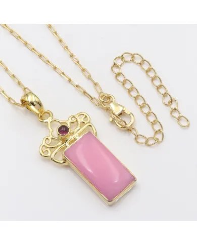 Pink Opal & Tourmaline Pendant - Gold Plated 925 Silver Baguette Style