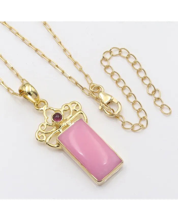 Pink Opal & Tourmaline Pendant - Gold Plated 925 Silver Baguette Style