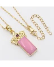 Pink Opal & Tourmaline Pendant - Gold Plated 925 Silver Baguette Style