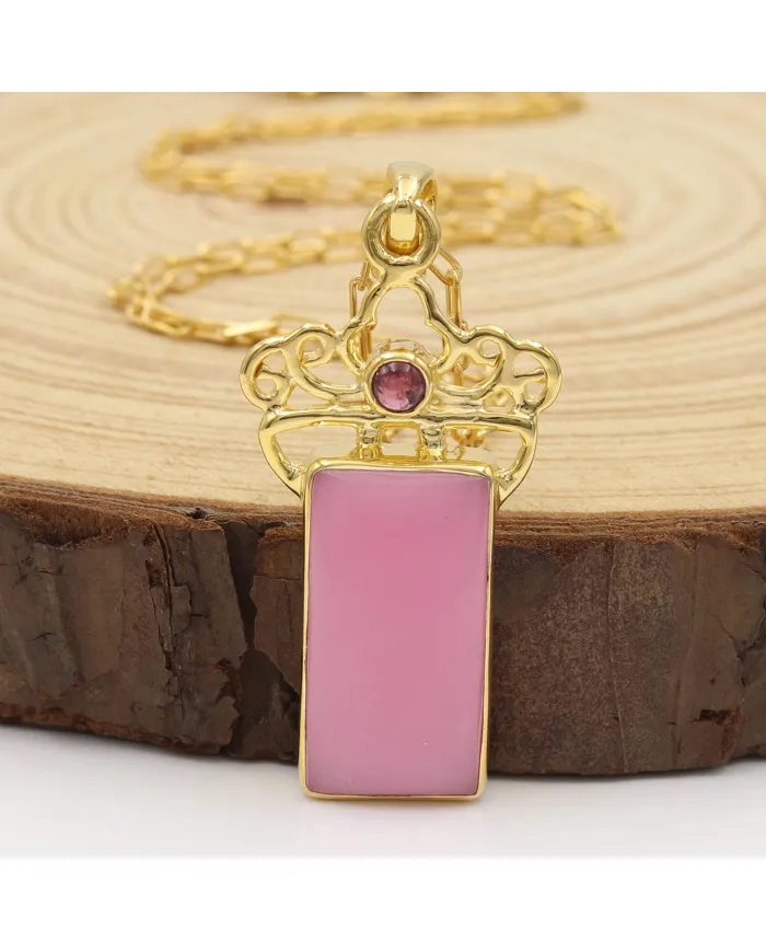 18K Gold Plated Pink Opal & Tourmaline Pendant Necklace for Her