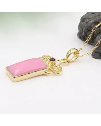 18K Gold Plated Pink Opal & Tourmaline Pendant Necklace for Her