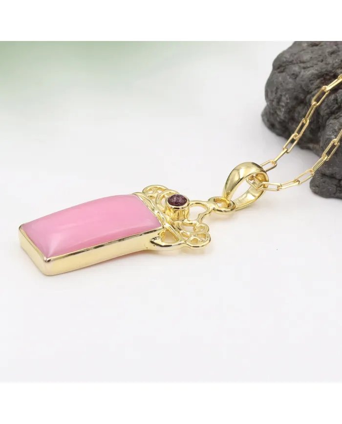 Pink Opal & Tourmaline Pendant - Gold Plated 925 Silver Baguette Style