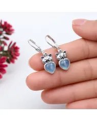 Aquamarine Heart Earrings - 925 Sterling Silver Cute Kitty Jewelry