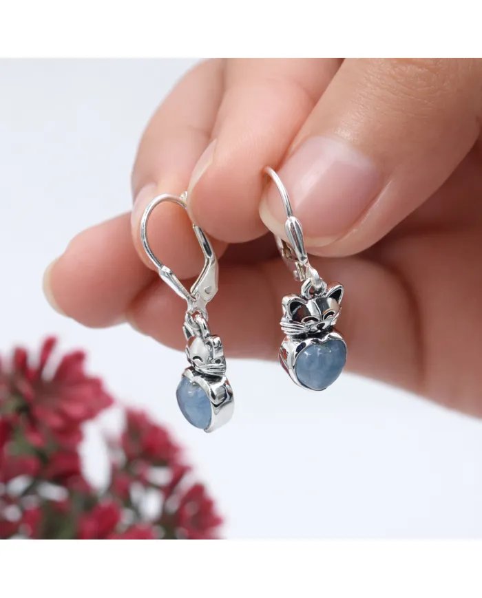 Aquamarine Heart Earrings - 925 Sterling Silver Cute Kitty Jewelry