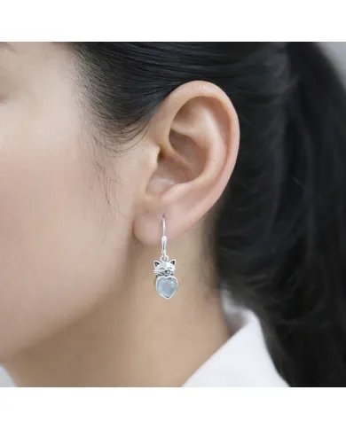 Aquamarine Heart Earrings - 925 Sterling Silver Cute Kitty Jewelry