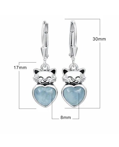 Aquamarine Heart Earrings - 925 Sterling Silver Cute Kitty Jewelry