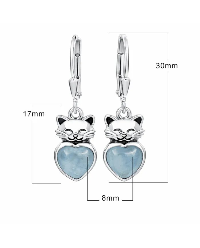 Aquamarine Heart Earrings - 925 Sterling Silver Cute Kitty Jewelry