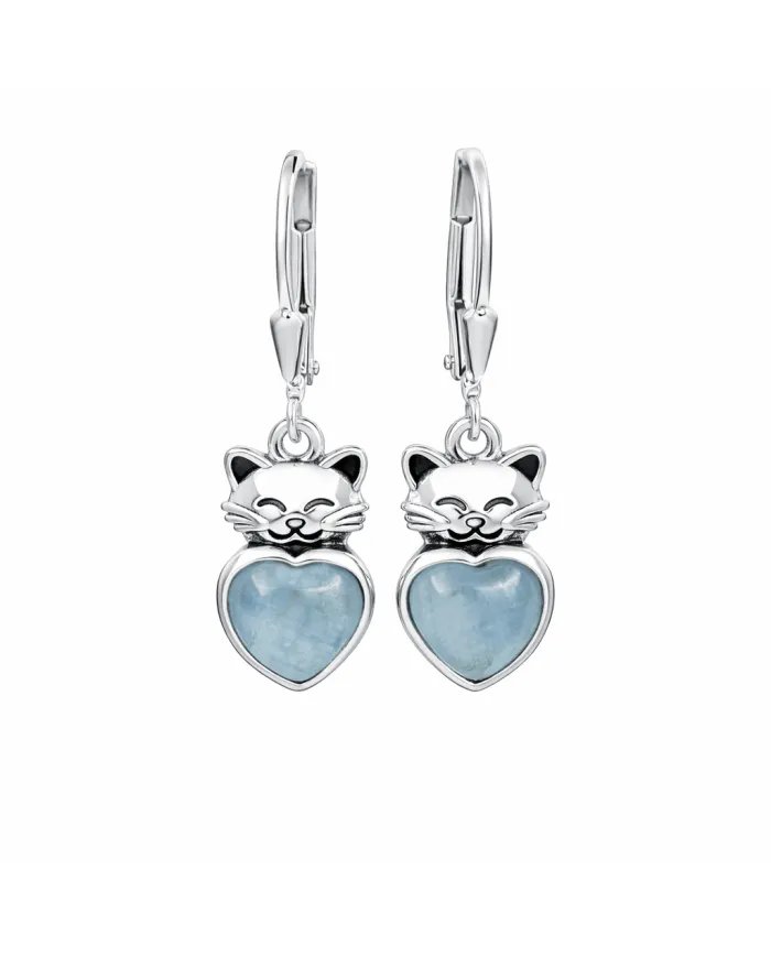 Aquamarine Heart Earrings - 925 Sterling Silver Cute Kitty Jewelry