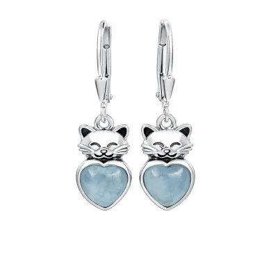 Aquamarine Heart Earrings - 925 Sterling Silver Cute Kitty Jewelry