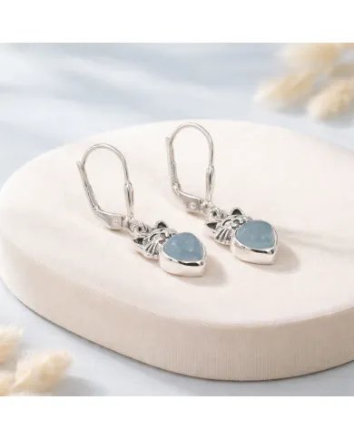 Aquamarine Heart Earrings - 925 Sterling Silver Cute Kitty Jewelry