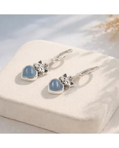 Aquamarine Heart Earrings - 925 Sterling Silver Cute Kitty Jewelry