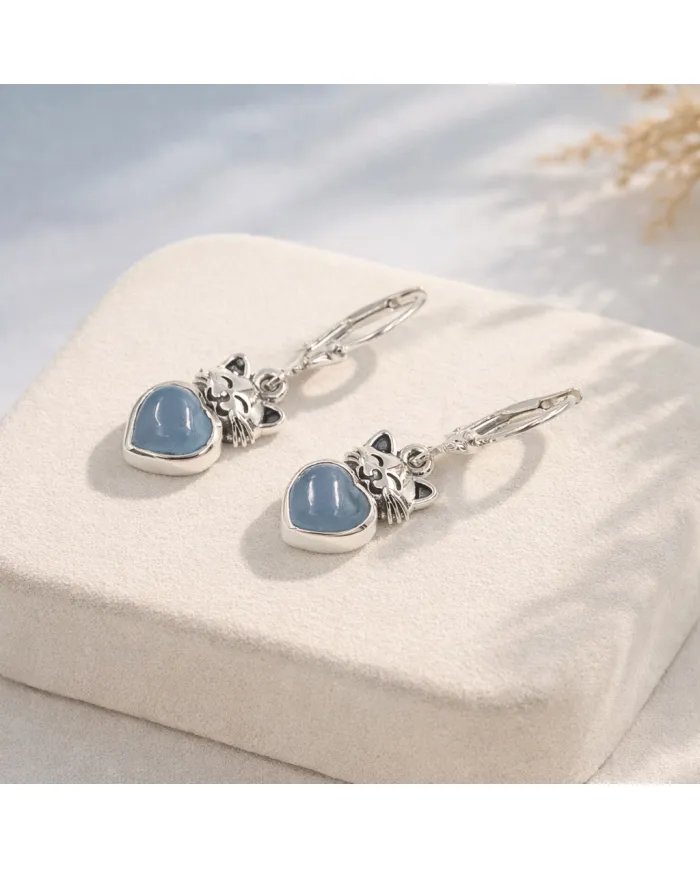 Aquamarine Heart Earrings - 925 Sterling Silver Cute Kitty Jewelry
