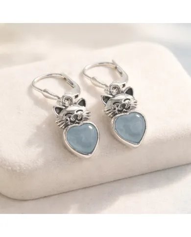 Aquamarine Heart Earrings - 925 Sterling Silver Cute Kitty Jewelry