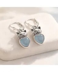Aquamarine Heart Earrings - 925 Sterling Silver Cute Kitty Jewelry
