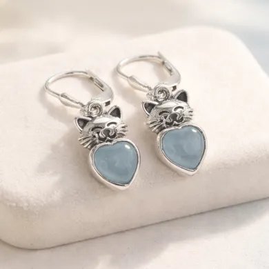 Aquamarine Heart Earrings - 925 Sterling Silver Cute Kitty Jewelry