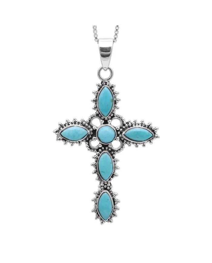 Holy Cross Arizona Turquoise Pendant - 925 Sterling Silver Religious Jewelry