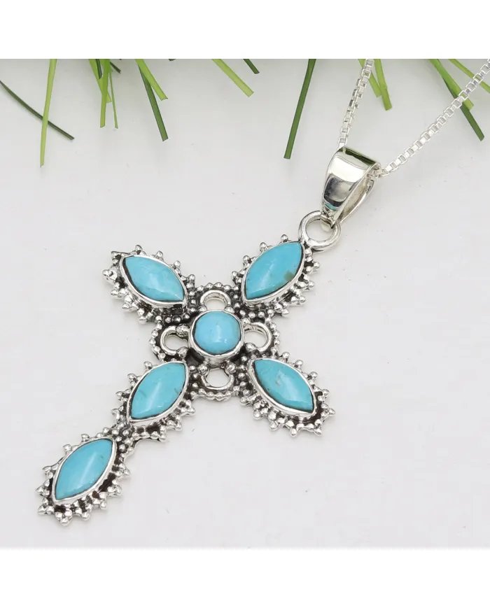 Holy Cross Arizona Turquoise Pendant - 925 Sterling Silver Religious Jewelry