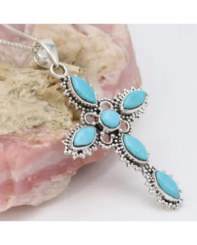 Holy Cross Arizona Turquoise Pendant - 925 Sterling Silver Religious Jewelry