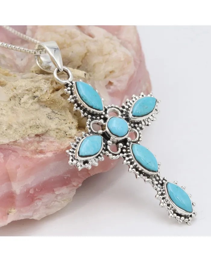 Holy Cross Arizona Turquoise Pendant - 925 Sterling Silver Religious Jewelry