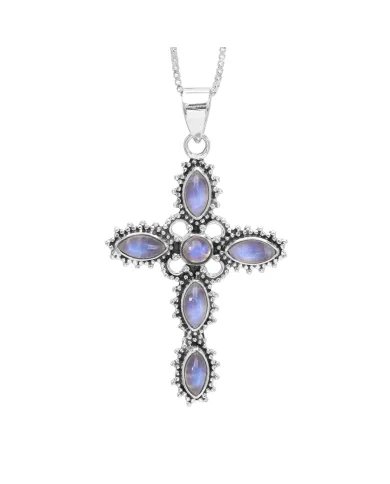 Holy Cross Rainbow Moonstone Pendant - 925 Silver Religious Jewelry