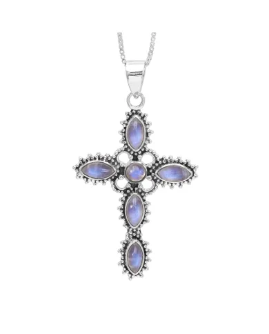Rainbow Moonstone Cross Pendant Necklace, 925 Sterling Silver Gift