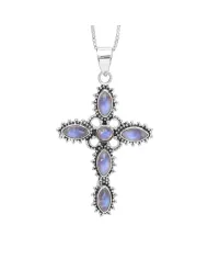 Rainbow Moonstone Cross Pendant Necklace, 925 Sterling Silver Gift