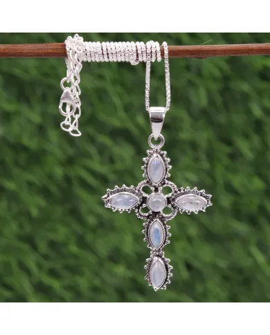 Rainbow Moonstone Cross Pendant Necklace, 925 Sterling Silver Gift