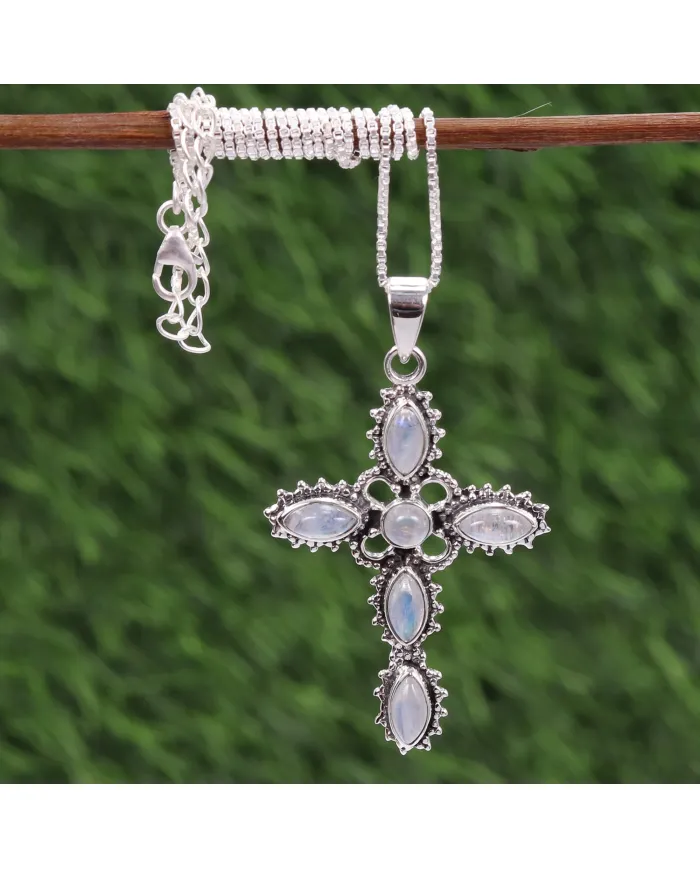 Rainbow Moonstone Cross Pendant Necklace, 925 Sterling Silver Gift
